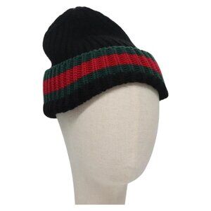 GUCCI Web Sherry Line Knitted Fabrics cap Hat Wool M Black Red Green Auth ac...